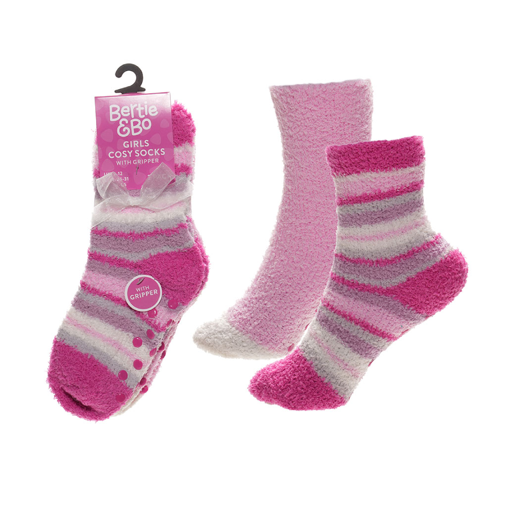 Girls Stripe Cosy Socks With Gripper And Ribbon (Pack of 12)