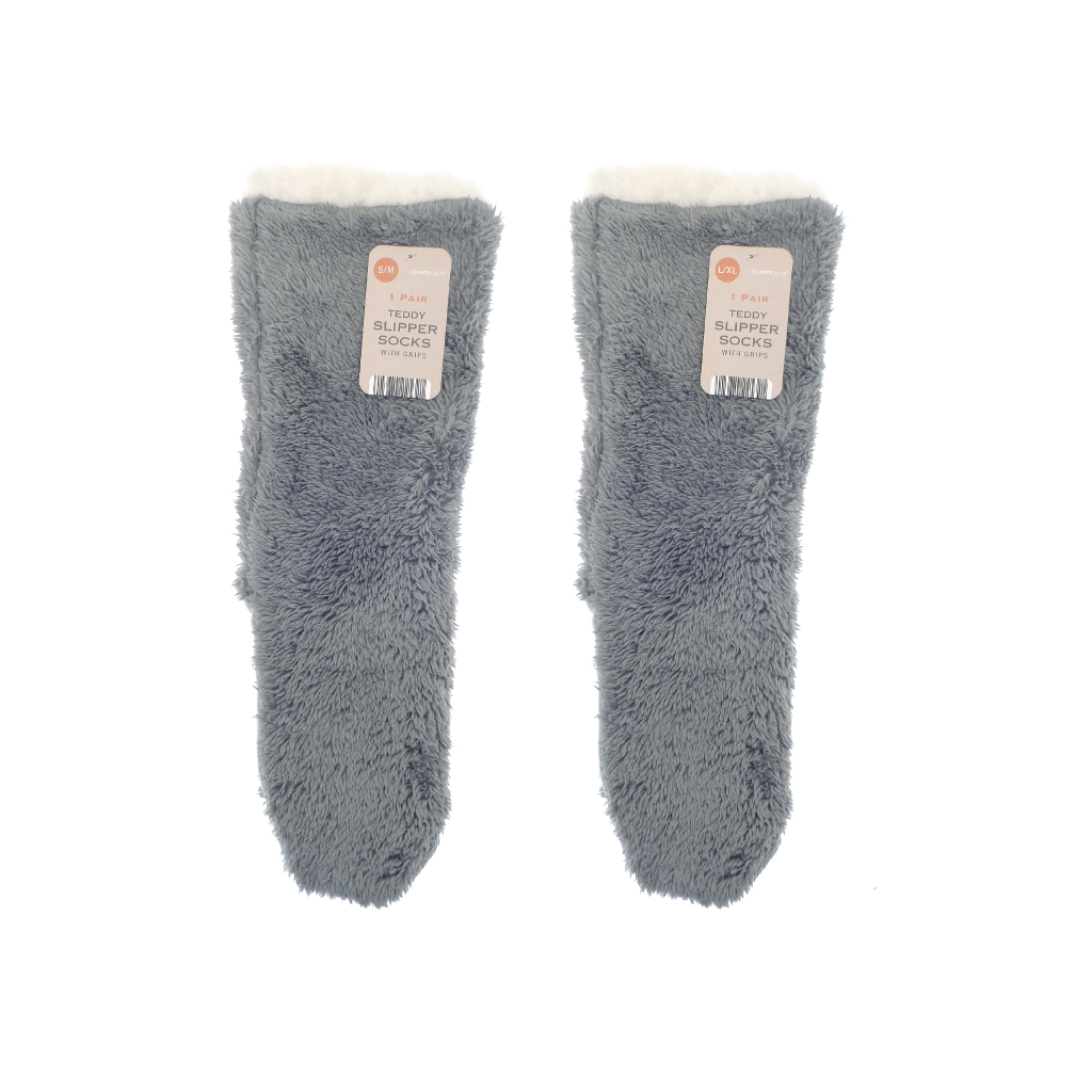 Teddy Slipper Socks Grey/Pink Assorted Sizes 