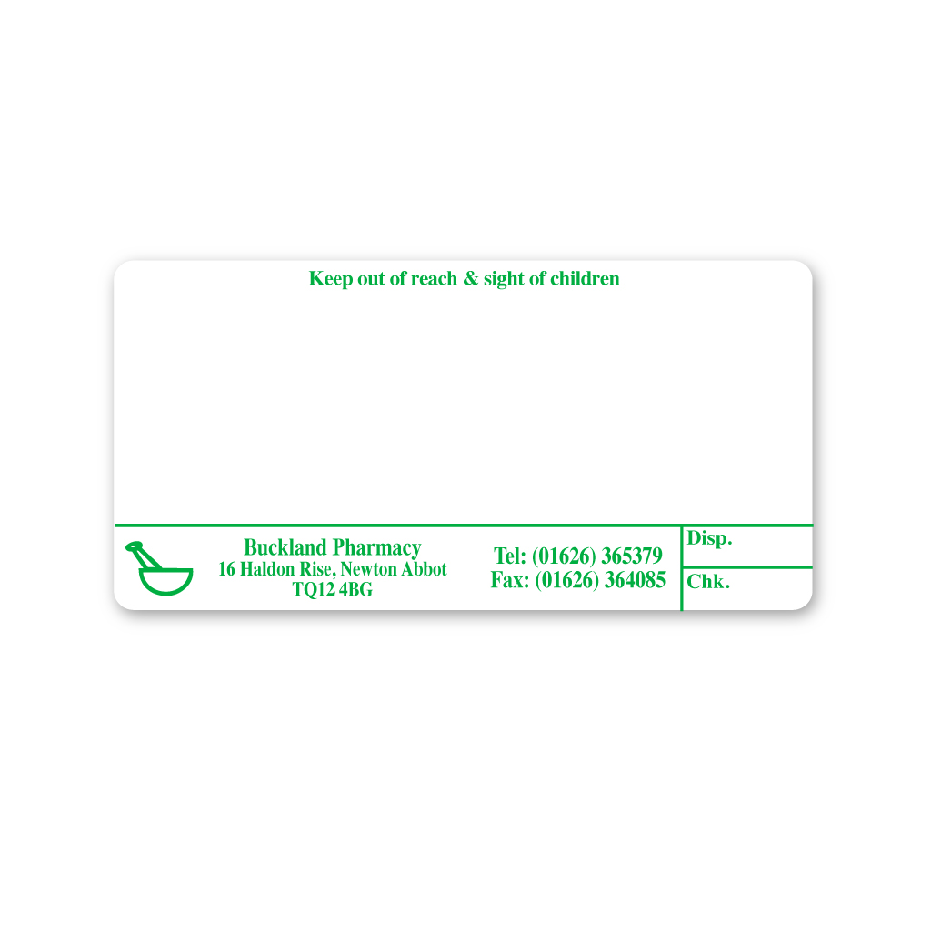 "The Pharmacy" Poolearth Buckland Pharmacy Labels