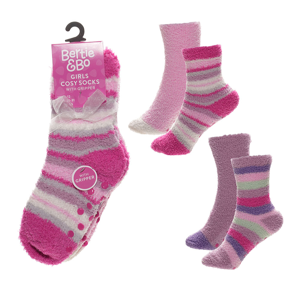 Girls Stripe Cosy Socks With Gripper And Ribbon (Pack of 12)