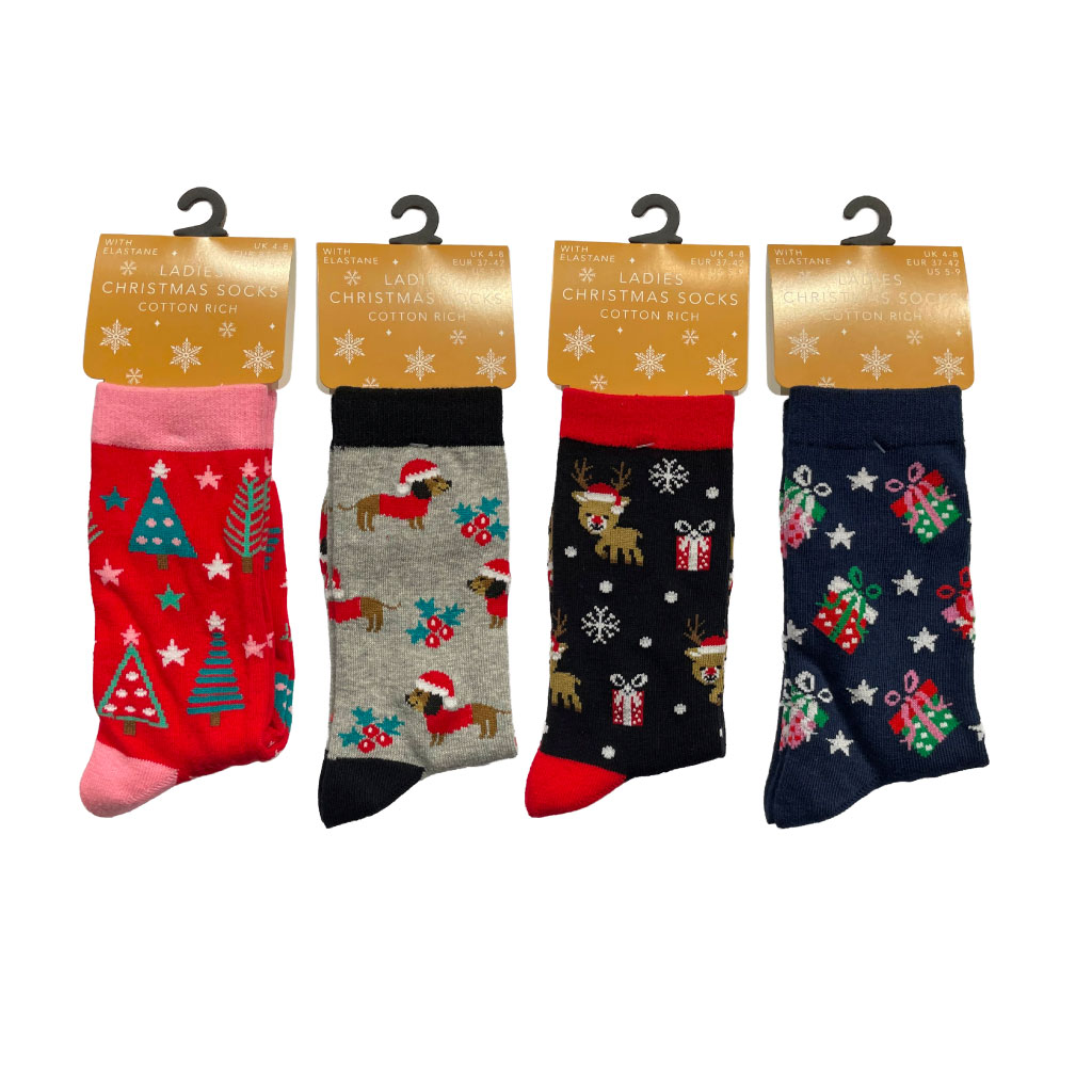 Ladies Cotton Rich Christmas Design Socks (Pack of 12)