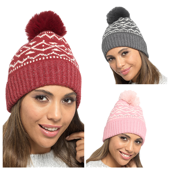 Ladies Bobble Hat With Bead Detail