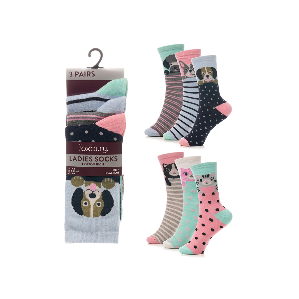 [SK1269] Ladies Cat & Dog Design Socks Pack of 3 